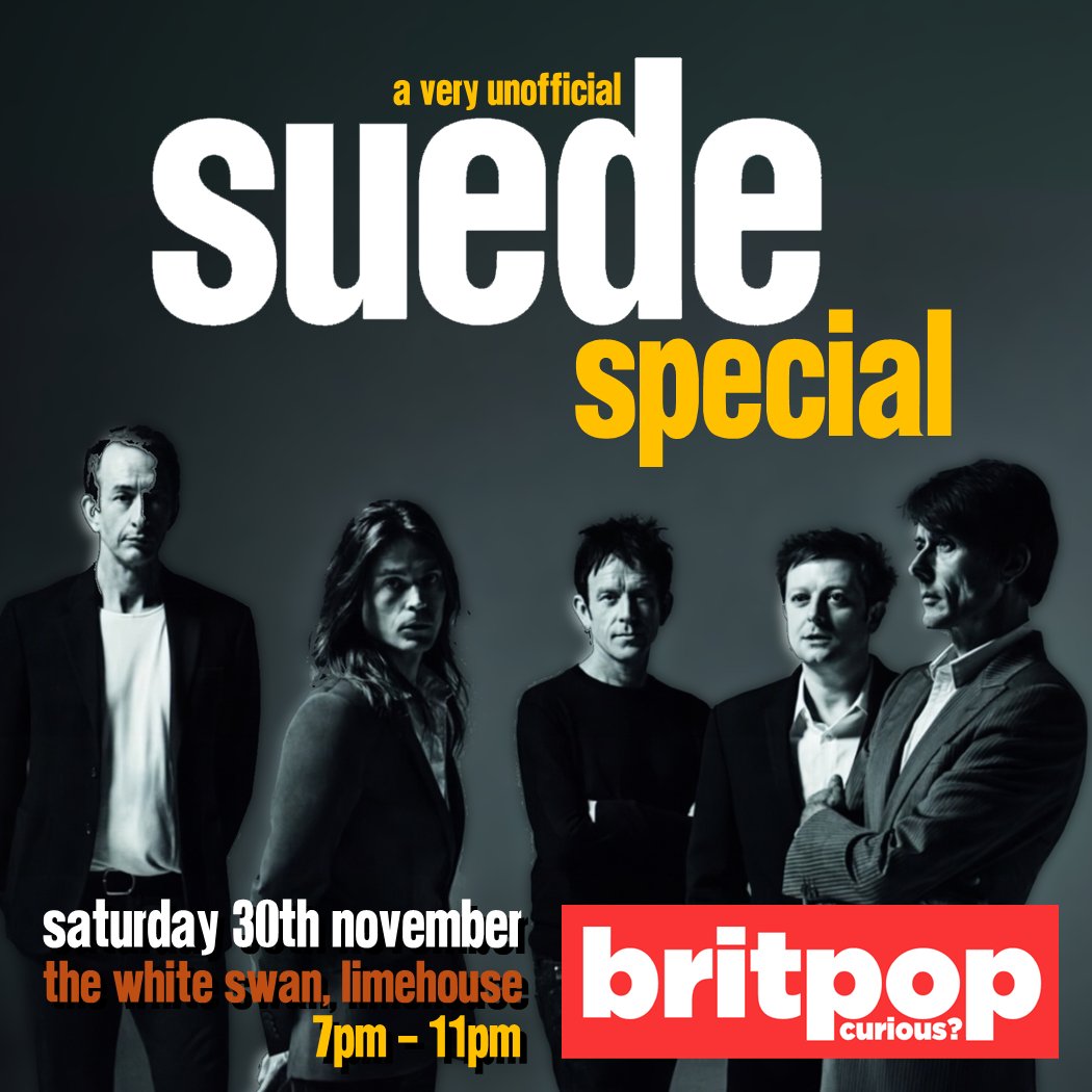 BritpopCurious's tweet photo. Our final 'in person' event of the year is happening tonight (Saturday 30th November) at @thewhiteswanbar in Limehouse, London!

Expect lots of music from Suede plus Brett pop star face masks + A3 lyric posters (all first come first served).

Tix: https://t.co/Rlr0PaLKje https://t.co/GndXfDqyGi