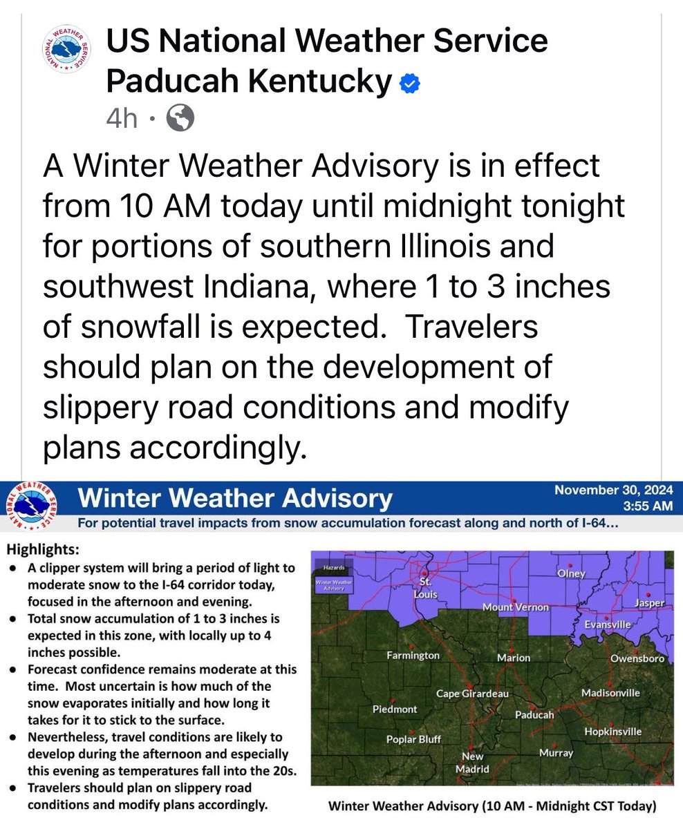 The Evansville area will be under a Winter Weather Advisory today, 10 a.m. until midnight. ❄️🥶

If you are in the area, plan accordingly. 

Stay weather aware. 

#winterweather
#snow
#winterweatheradvisory 
#weatheraware
#cold
#sweaterweather 
#thanksgivingbreak
#usihousing