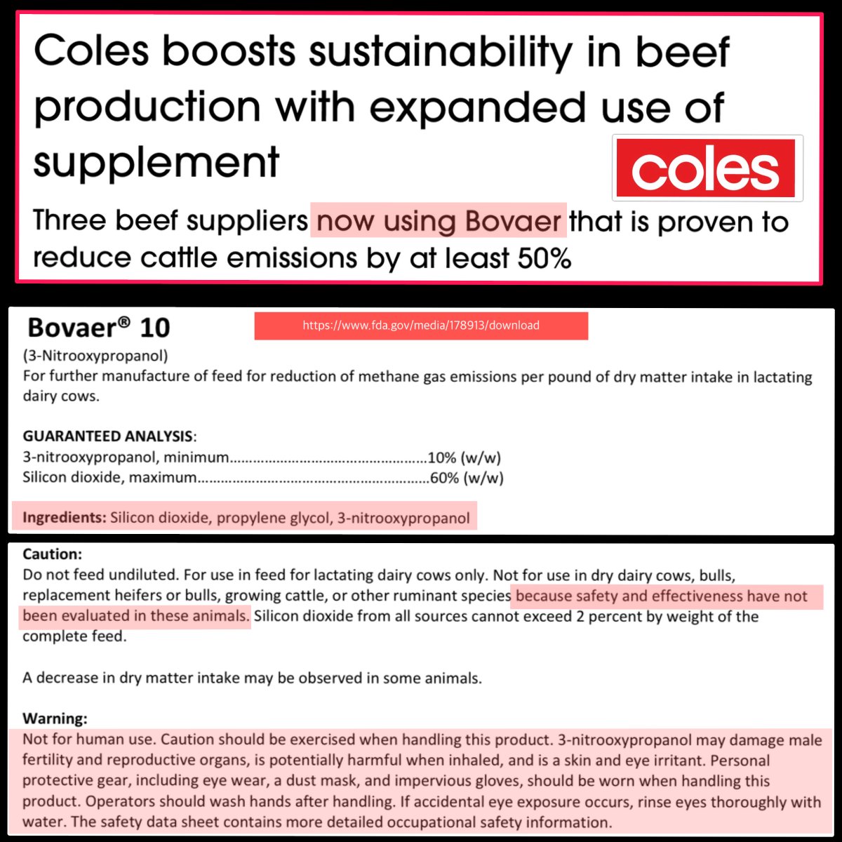 craigkellyAFEE's tweet image. I’LL BE GIVING COLES BEEF A MISS

If Coles are selling beef from cattle that have been administered  an ”unapproved new animal drug" which contains the ingredients; Silicon dioxide, propylene glycol &amp;amp; 3-nitrooxypropanol - and marketed as Bovaer®, a drug which is required by the…