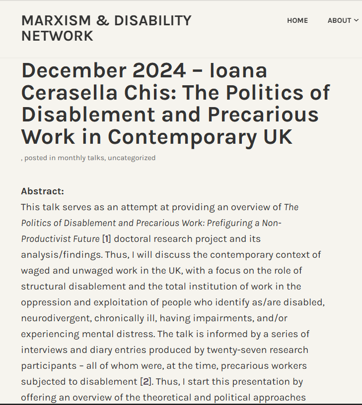 MarxDisability's tweet photo. This coming Tuesday (3rd Dec) 6:30-8:00pm GMT!
'The Politics of Disablement and Precarious Work in Contemporary UK'
Ioana Cerasella Chis will give an overview of her recently completed doctoral research project
The abstract can be found here: https://t.co/3VhYLEXBC4 #Marxism https://t.co/5sYXKhUM79