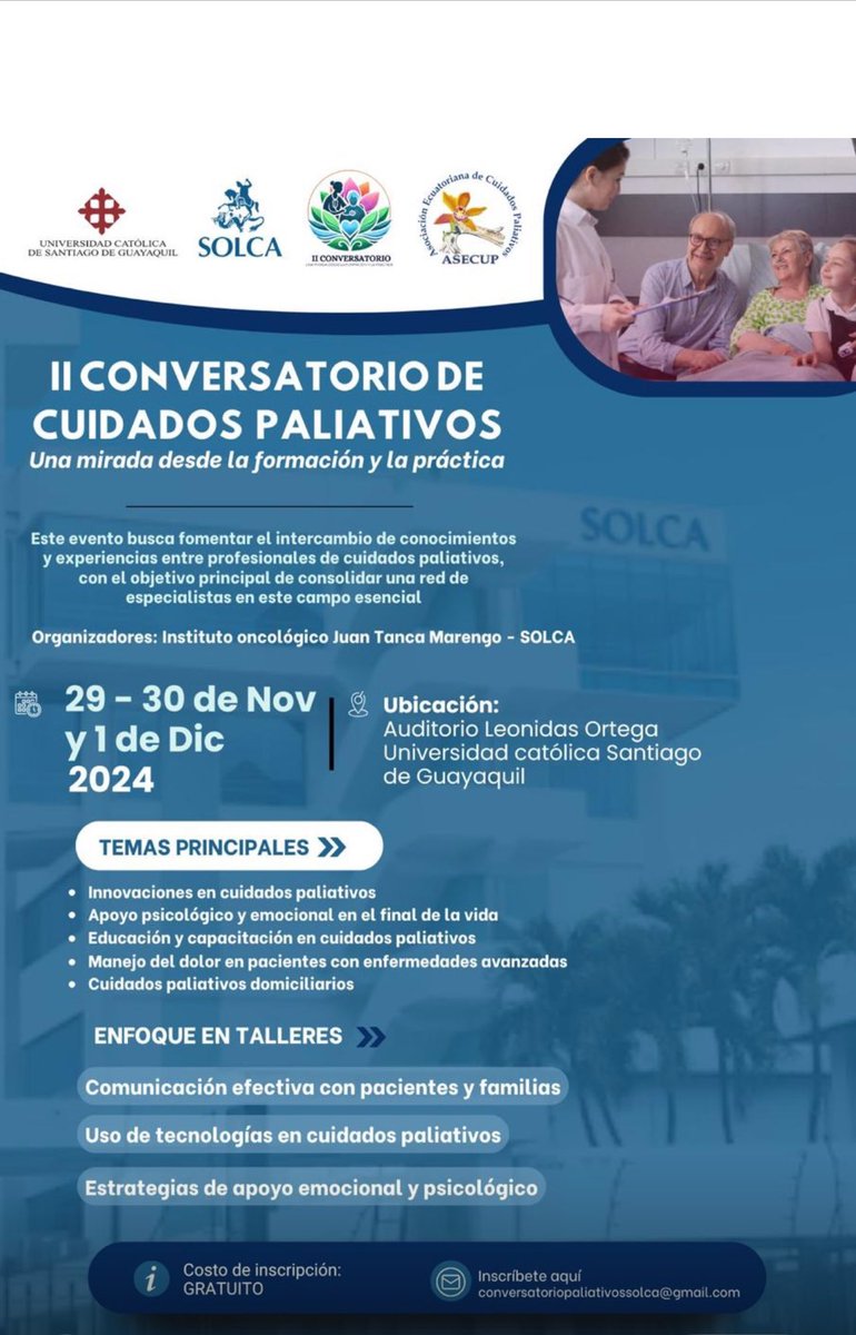 NLerque's tweet photo. II Conversatorio de Cuidados Paliativos
SOLCA-UCSG
Cuidados Paliativos en Cuidados Intensivos
#cuidadospaliativos #PalliativeCare #palliativeICU #criticalcare #UCSG #SOLCA https://t.co/LcssxdRDtq