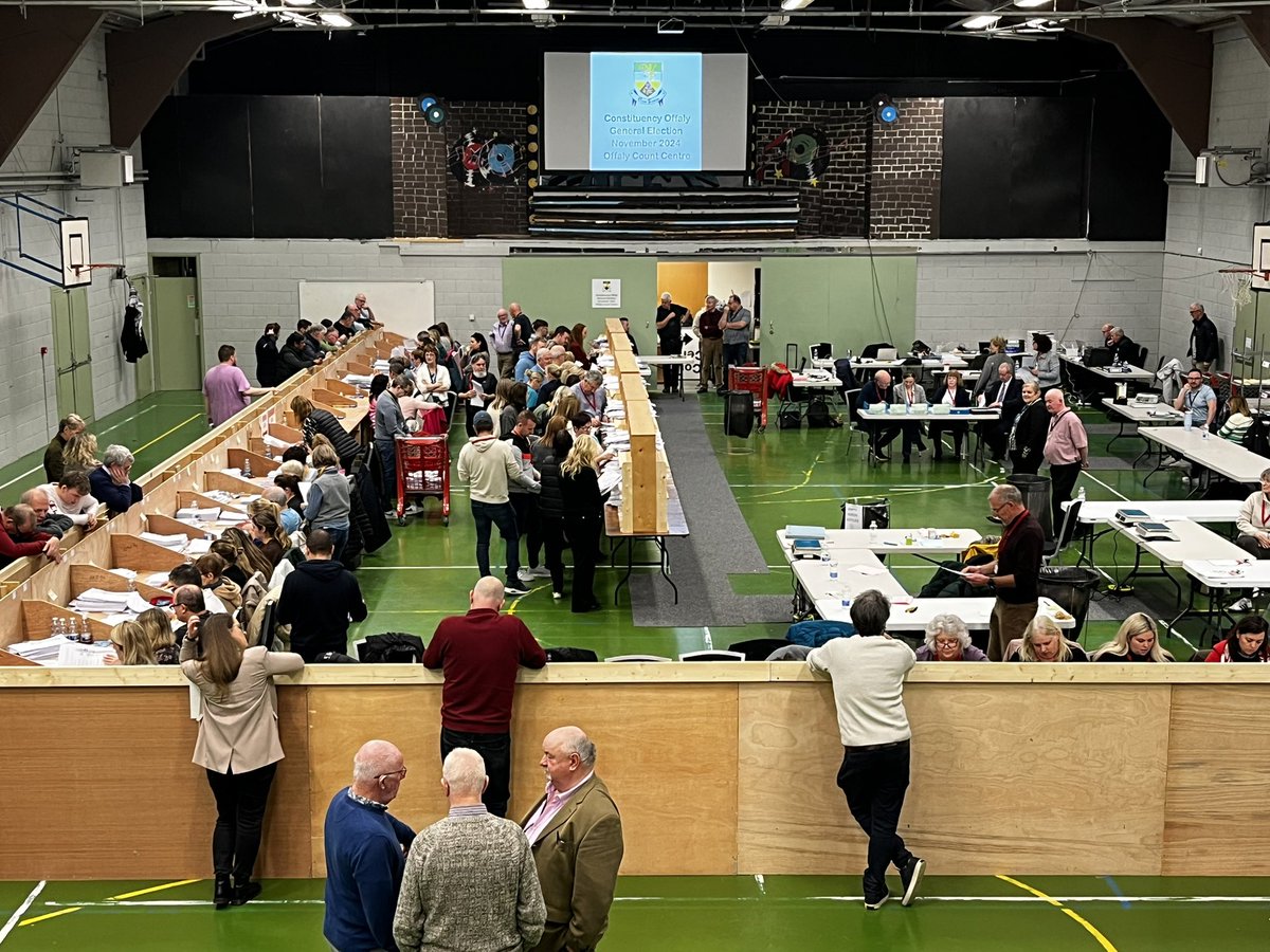 Counting has started in Birr.

Staff are counting the first preference votes for the frontrunners after the tallies,
Carol Nolan (Ind), John Clendennen (FG), Tony McCormack (FF) and Aoife Masterson (SF) <a href="/rtenews/">RTÉ News</a> #offaly #GE24