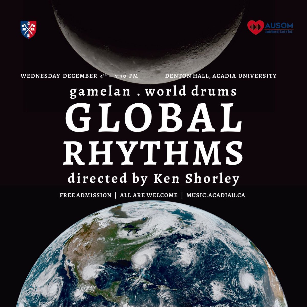 Wed., Dec. 4 at 7:30pm - Join Acadia's 2024 World Drumming and Intro to Gamelan classes as they share an exciting selection of rhythms and compositions from Indonesia, West Africa, India and the Middle East.  
Denton Hall Auditorium | Free Admission | All are welcome!