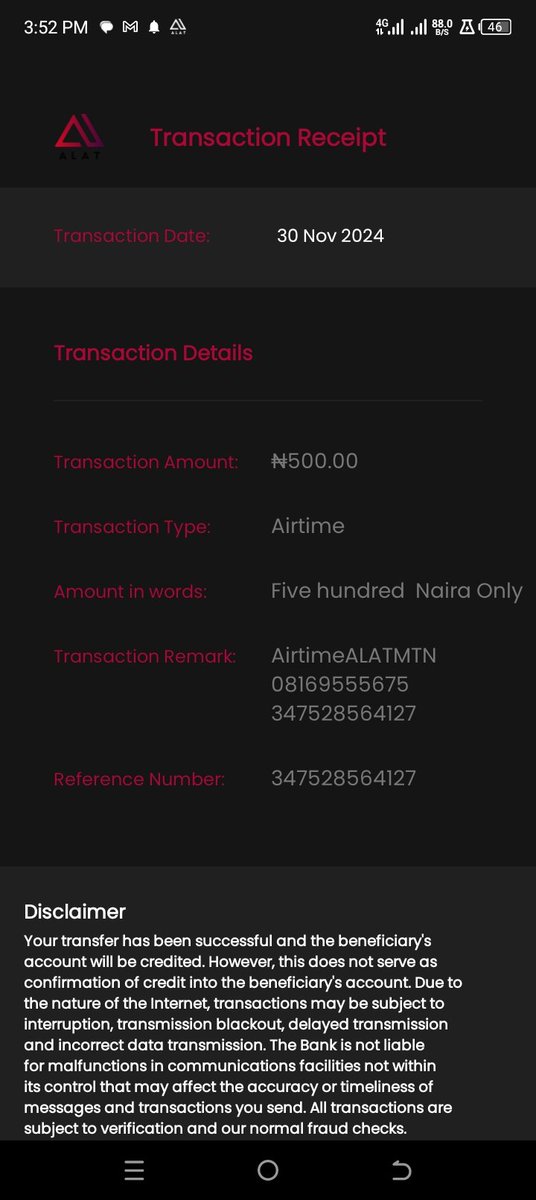 Ibiamaka2's tweet photo. @alat_ng please reverse my money which I bought Airtime from my account  0257355876 which you stated Airtime purchase successful but I was not credited.
This are the receipt attached to this twitt. https://t.co/hCKQXak8Ep