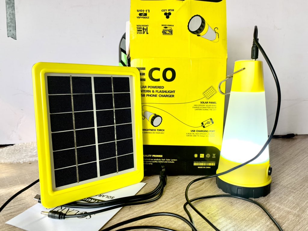 ECO MINI
Small but mighty!

Suitable for students, families and shop owners.

Dual charging 
USB phone charger 
Flashlight 
Lantern 
3W Solar Panel.

Call or send a whatever message to 07025199779 to get yours!