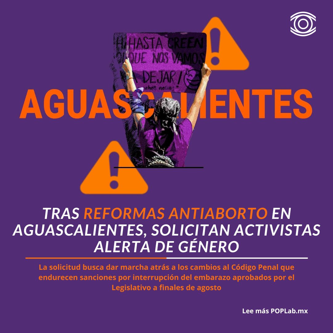 🔴 El <a href="/FeministAgs/">OVSG AGS</a>, con el acompañamiento del <a href="/OCNF/">FeminicidioOCNF</a>, solicitaron la emisión de una Alerta de Género por agravio comparado en #Aguascalientes. Acusan retroceso en los derechos reproductivos de las mujeres.

📲 bit.ly/3BZKzDR