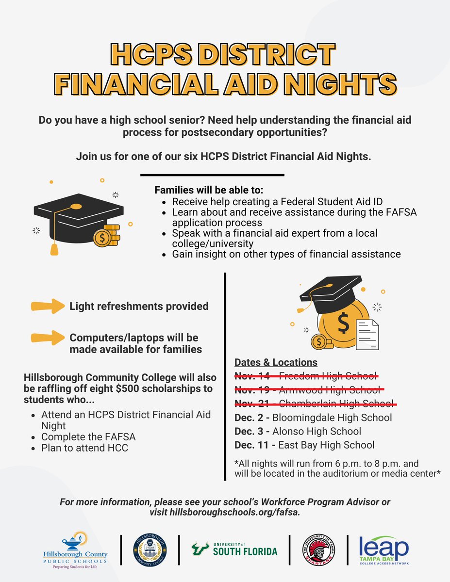 Hillsborough Schools (@hillsboroughsch) on Twitter photo REMINDER! 🎓💰 Families with a high school senior have three opportunities left to stop by an HCPS District Financial Aid Night.
➡️ Monday, Dec. 2 - <a href="/BloomingdaleSHS/">Bloomingdale SHS</a>
➡️ Tuesday, Dec. 3 - Alonso HS
➡️ Wednesday, Dec. 11 - <a href="/EastBayHS/">East Bay High School</a>
For more info, visit hillsboroughschools.org/FAFSA. REMINDER! 🎓💰 Families with a high school senior have three opportunities left to stop by an HCPS District Financial Aid Night.
➡️ Monday, Dec. 2 - <a href="/BloomingdaleSHS/">Bloomingdale SHS</a>
➡️ Tuesday, Dec. 3 - Alonso HS
➡️ Wednesday, Dec. 11 - <a href="/EastBayHS/">East Bay High School</a>
For more info, visit hillsboroughschools.org/FAFSA.