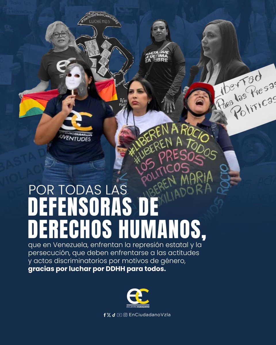 EnCiudadanoVzla's tweet photo. Además, felicitamos a todas las valientes mujeres nuestro partido #EncuentroCiudadano. Su incansable lucha por la justicia, la igualdad y la defensa de los derechos fundamentales es un motivo de esperanza para nuestra sociedad.

Especialmente queremos destacar la labor de la presidente de nuestra organización política, @delsasolorzano , quien a lo largo de estos 25 años de dictadura ha luchado codo a codo junto a los familiares de los presos políticos, representándolos tanto a nivel nacional como internacional, siendo la voz de aquellos ciudadanos que se encuentran en las mazmorras del régimen sin justificación alguna. Sin importar las amenazas e intimidaciones que recibe, se ha mantenido firme en la lucha por la liberación plena de todos los prisioneros de conciencia en nuestro país.

En este contexto en donde los desafíos son grandes y las amenazas son reales, ustedes se erigen como guardianas de la dignidad humana, enfrentando con determinación las adversidades y trabajando incansablemente por un futuro país justo para todas y todos. 

Su compromiso y sacrificio inspiran a muchas personas a seguir adelante en la defensa de los derechos de quienes más lo necesitan. 

Agradecemos su valentía y determinación, y reafirmamos nuestro compromiso de trabajar juntos para construir una Venezuela donde se respeten los derechos humanos y se proteja a quienes los defienden. 

Su trabajo es fundamental, y su lucha es nuestra lucha.