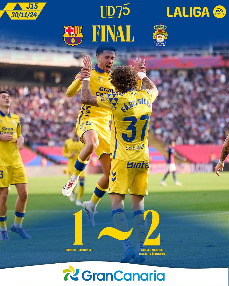 🔚 ¡¡FINAAAAAAAL!! ¡FINAAAAAL EN MONTJUIC! 

#BarçaLasPalmas #LaUniónDePorVida #LaUniónHaceLasPalmas #PíoPío #75AniversarioUD