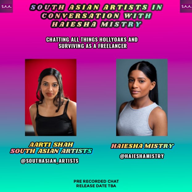 Introducing the next guest:
‘South Asian Artists In Conversation With...’

Haiesha Mistry <a href="/HaieshaMistry/">Haiesha Mistry</a> 🥳

Chatting All Things Hollyoaks &amp; Surviving As A Freelancer! 

Date of pre recorded interview TBA, feel free to DM any qs 

Looking forward to catching up with Haiesha ☺️