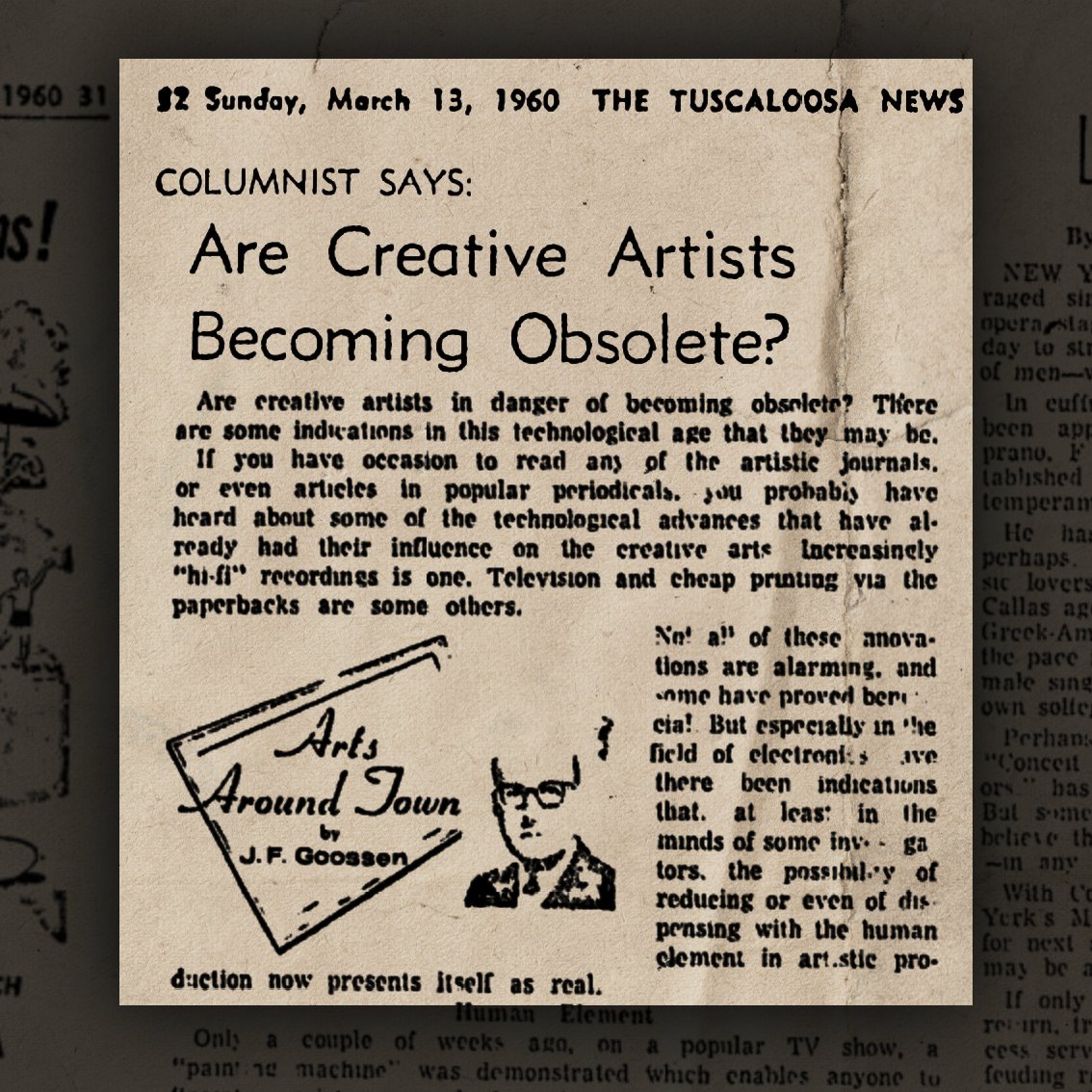 Noahbolanowski's tweet image. Good Morning AI Art History Lovers 🖤

1960: Are Creative Artists Becoming Obsolete?

&quot;There are some indications in this technological age that they may be…the possibility of reducing or even of dispensing with the human element in artistic production now presents itself as…
