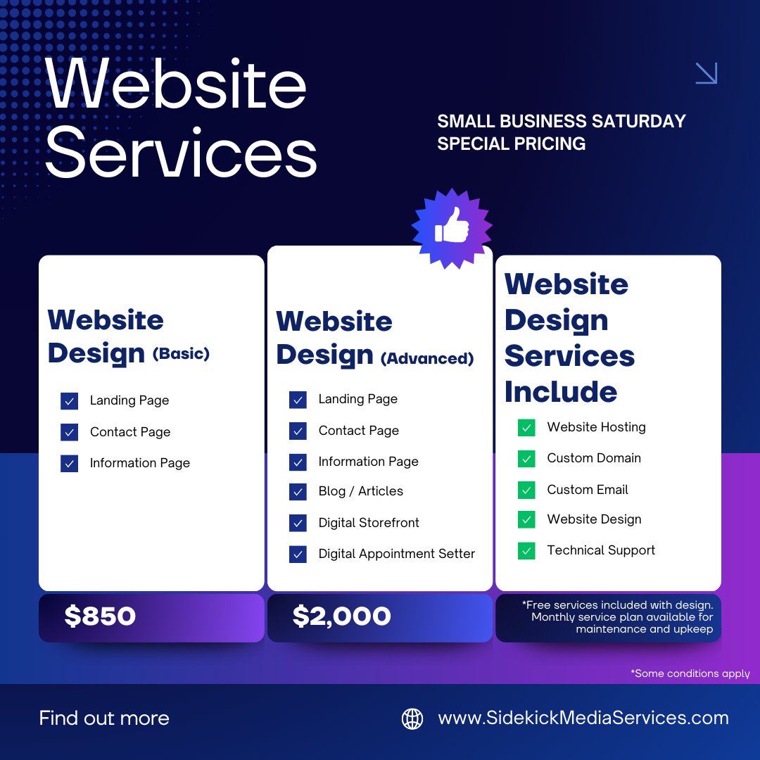 Take your business to the next level with:
💻 Website Packages starting at $850
📱 Social Media Management tailored to your needs
🎥 Sports Live Streams with pro-quality setups
✨ Limited availability at this pricing – Book now! ✨ sidekickmediaservices.com

#SmallBusinessSaturday