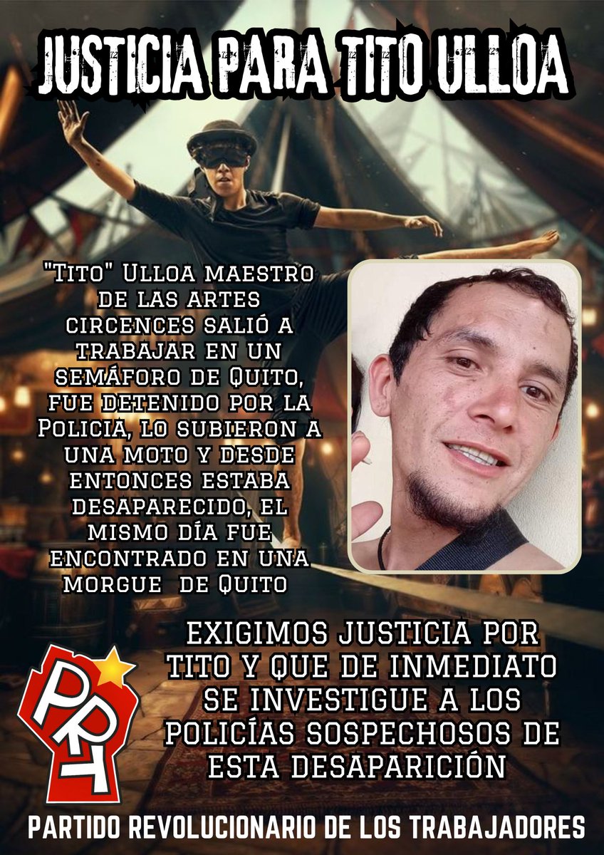JUSTICIA PARA "TITO" ULLOA
La policía no te cuida, la Policía te violenta, agrede y desaparece.
Tito Ulloa fue detenido por miembros de la <a href="/PoliciaEcuador/">Policía Ecuador</a> subido a una moto. El mismo día fue encontrado en una morgue de la ciudad de Quito.