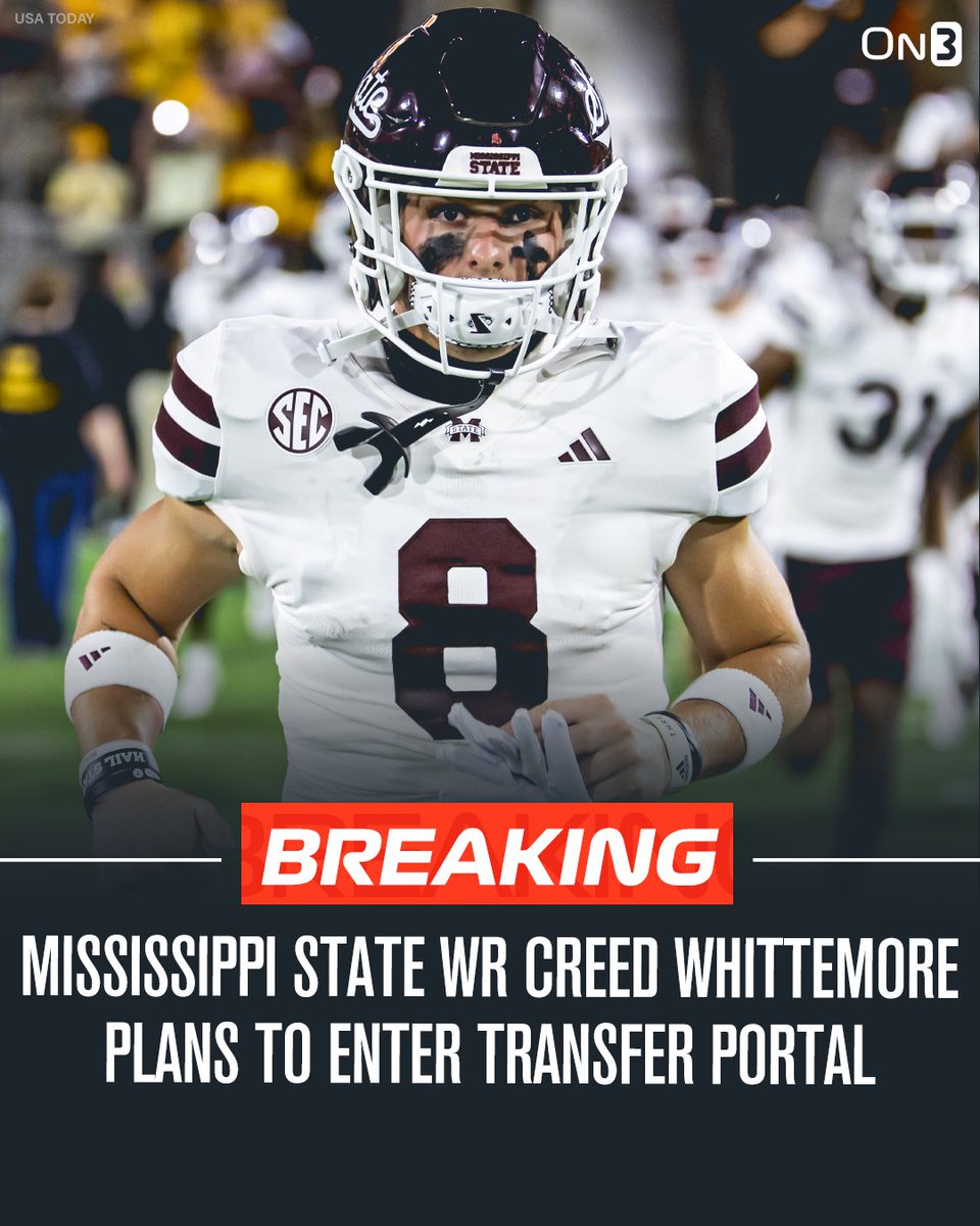 TransferPortal's tweet photo. 🚨BREAKING🚨 Mississippi State WR Creed Whittemore plans to enter the NCAA Transfer Portal, per @Hayesfawcett3 

Whittemore was a 4-star in the 2023 class.

https://t.co/H9GLUiQAGB https://t.co/Y34B1ZM4C4