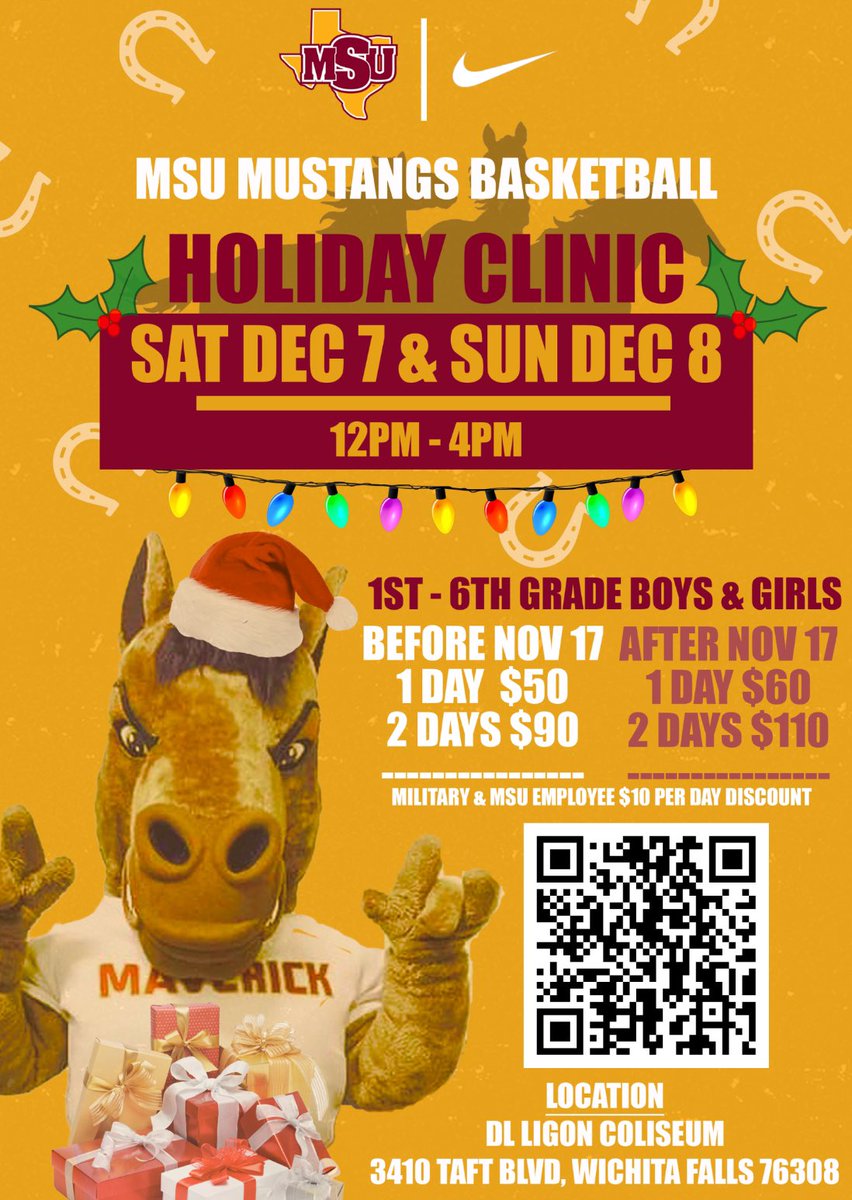 MSUTexasWBB's tweet image. 🎄 Holiday Basketball Clinic:

📆 Sat, December 7 &amp;amp; Sun, December 8
⏰ 12 PM to 4 PM 
📍 D.L. Ligon Coliseum
🏀 1st - 6th graders 

Registration: midwesternstatewbbcamps.com/holiday-clinic…