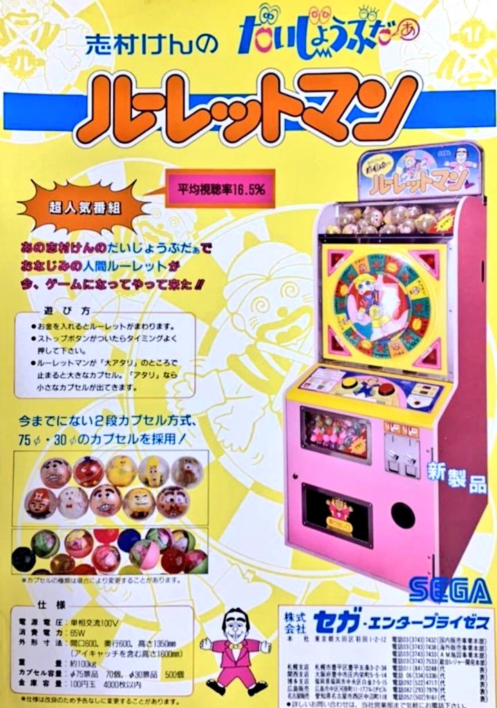 1990年代に稼働した㈱セガの[ルーレットマン]は志村けんのだいじょぶだ
