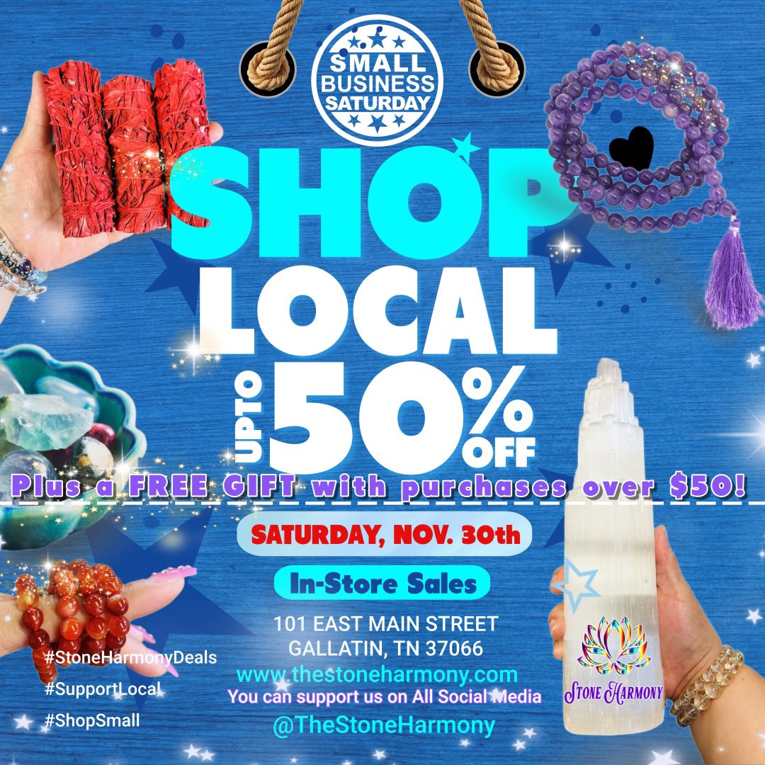 TheStoneHarmony's tweet photo. Support local and save BIG at Stone Harmony! 💎  
🛍 **In-Store Only Special Deals Today:**  

🕙 Open **10 AM - 6 PM**  
📍 101 East Main Street, Gallatin, TN  
Don’t miss your chance to shop small and snag magical deals! 💫  
#ShopSmall #SupportLocal #StoneHarmonyDeals https://t.co/9lNMALp94a