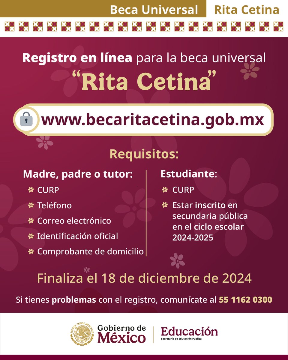 El registro para la beca universal #RitaCetina continúa vigente. 🚨📣

🔗 Consulta los requisitos y regístrate en línea: becaritacetina.gob.mx

Tienes hasta el 18 de diciembre de 2024. 📅