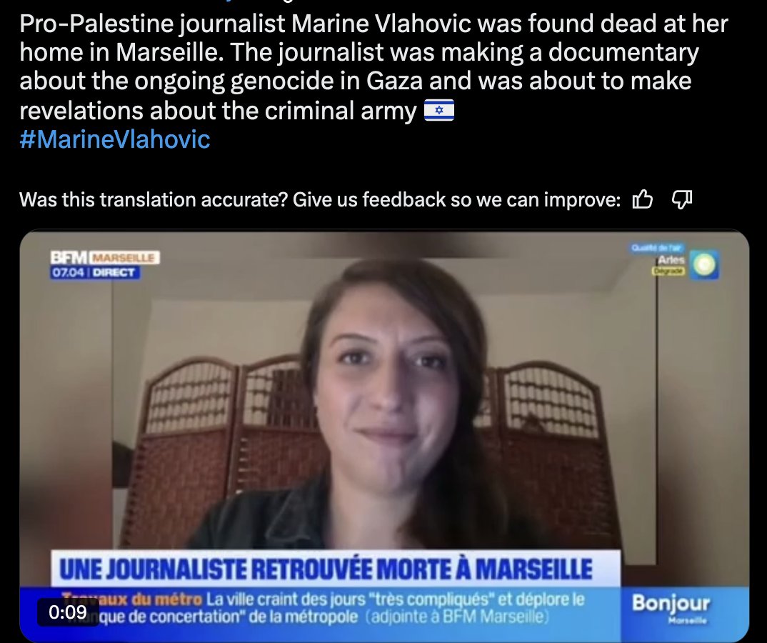 🇫🇷 French journalist Marine Vlahovic was found dead!

👉 She was working on a documentary on the Gaza genocide and exposing IDF war crimes!

Mossad? 🤔