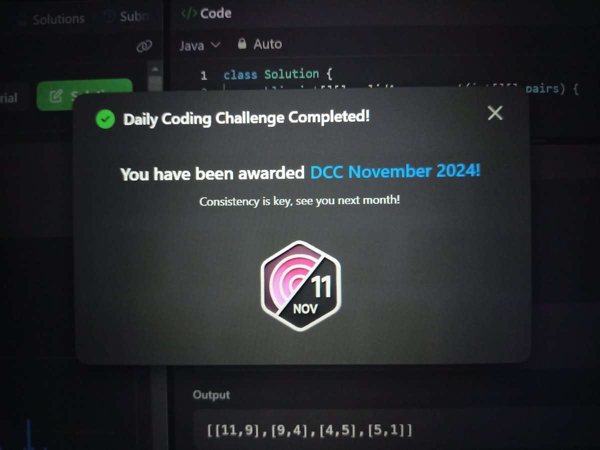 aasimnn's tweet image. #Day11 of #30DaysOfCoding , solved leetcode 2097 daily challenge question!
#CONNECT #CodingJourney #LeetCode