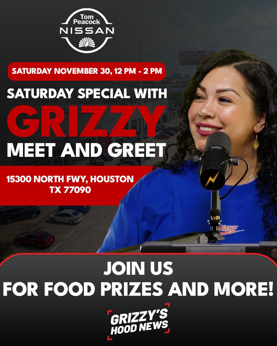 GrizzysHoodNews's tweet image. Come say Hello at Tom Peacock Nissan of Houston today, Saturday, November 30th at 12pm!

Drive off with your dream car, win some prizes &amp;amp; enjoy some food! 🚗

🌐 tompeacocknissan.com
📍15300 I-45 North
📱(281) 205-0635

#TomPeacockNissan #NewCar #WinPrizes #GrizzyCertified