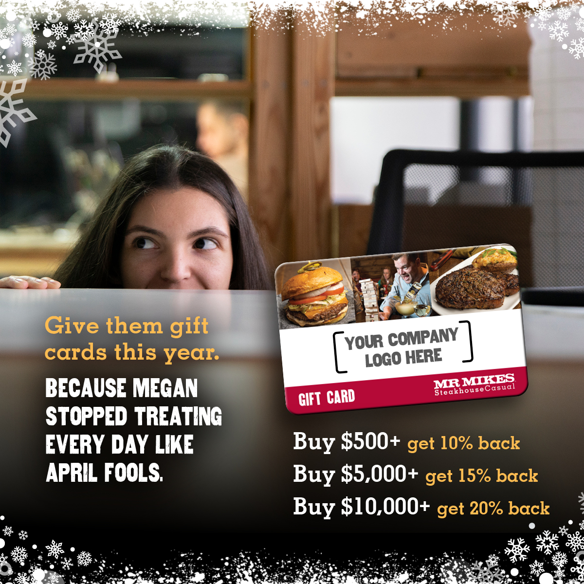 MrMikesOnline's tweet photo. End-of-year panic hitting hard? Don’t worry – MR MIKES is here to laugh at you first and then save the day. 🍻 🍸 🥩 

PLUS score up to 20% back in Gift Card Bonuses with qualifying spend and add your company logo for free!

#LastMinuteGifts #CorporateGifts #MRMIKES https://t.co/sFETgiULiP