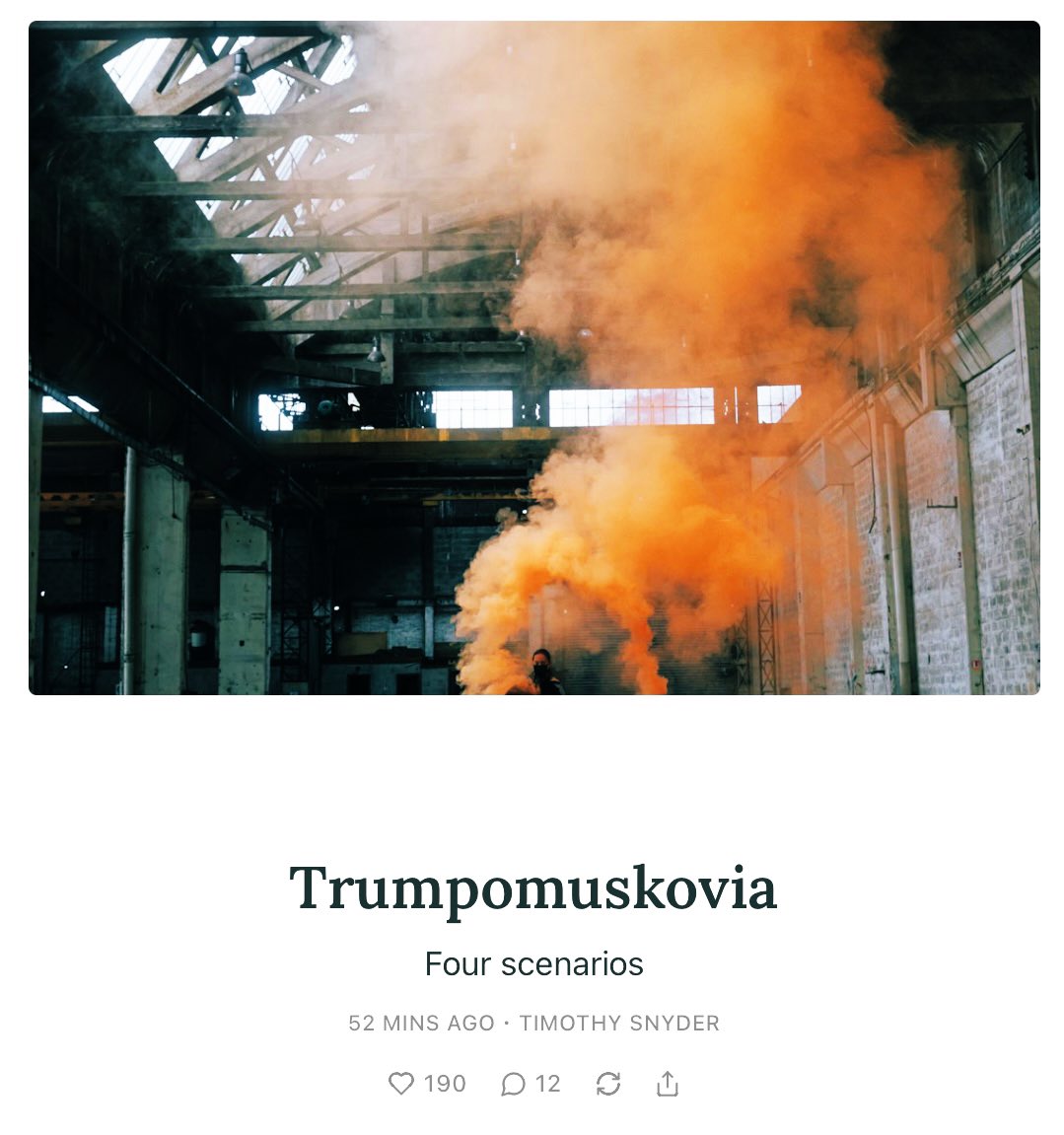 Petr Hanzl (@petrhanzl) on Twitter photo Another great text from <a href="/TimothyDSnyder/">Timothy Snyder</a>
"...I offer these four scenarios for Trumpomuskovia, the musko-trumpified America that is already upon us."
open.substack.com/pub/snyder/p/t… Another great text from <a href="/TimothyDSnyder/">Timothy Snyder</a>
"...I offer these four scenarios for Trumpomuskovia, the musko-trumpified America that is already upon us."
open.substack.com/pub/snyder/p/t…