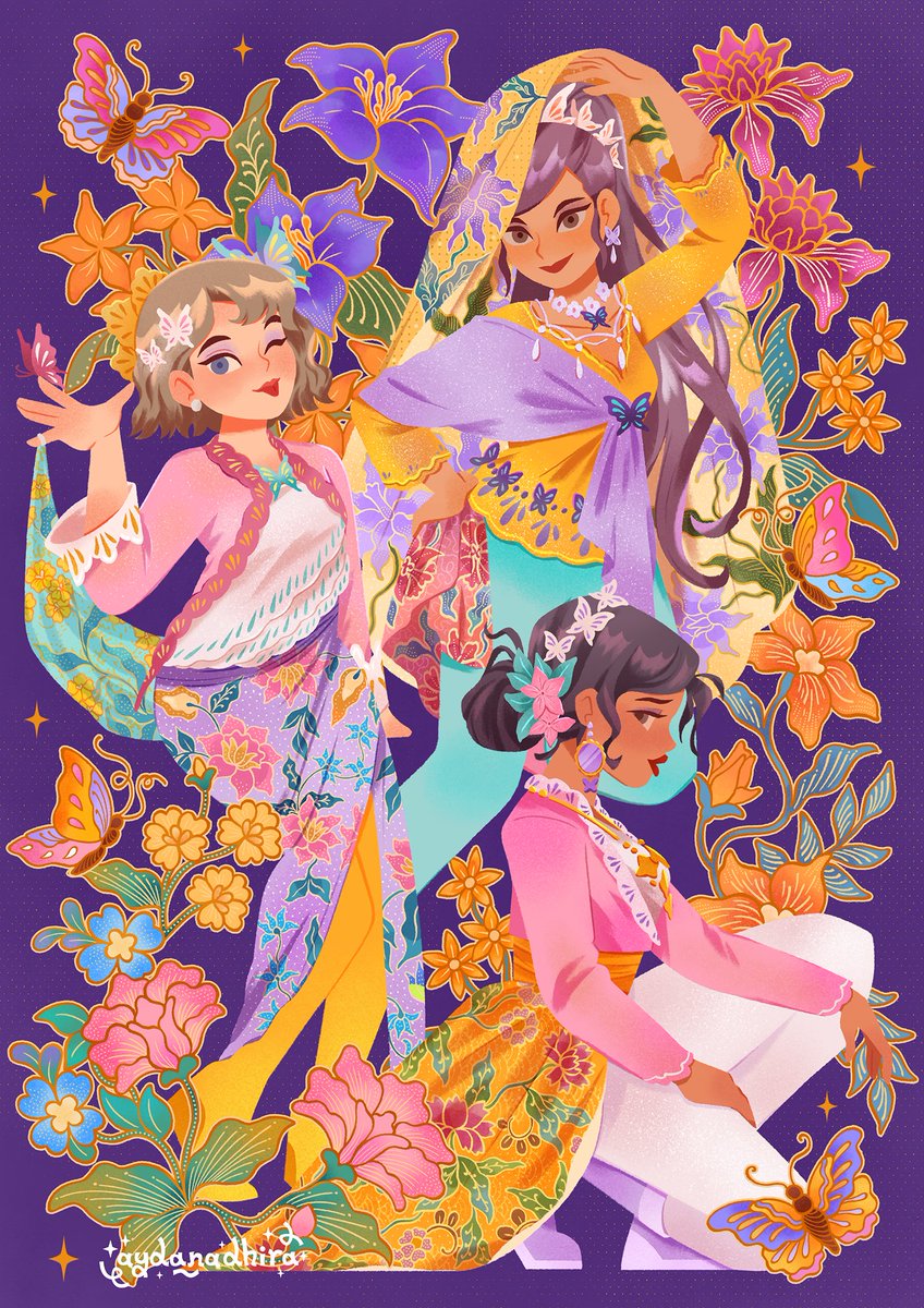 The three muses of Newsantara takes centre stage in the colourful world of Batik. Prints coming soon to Comic Fiesta '24!

Reminder that theyre just my OCs and I love drawing them 💕