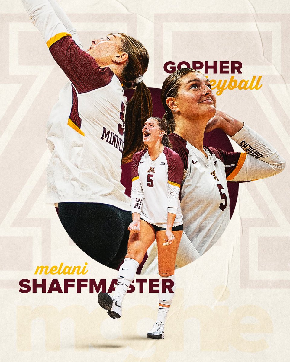 GopherVBall's tweet photo. 𝓢𝓮𝓷𝓲𝓸𝓻 𝓦𝓮𝓮𝓴 

Finally, we have Melani Shaffmaster, a senior setter out of New Castle, Indiana. 

A four-time AVCA All-Region and All-Big Ten selection, Melani ranks sixth all-time at Minnesota with over 5,000 career assists. https://t.co/AM5RD6j7Jr