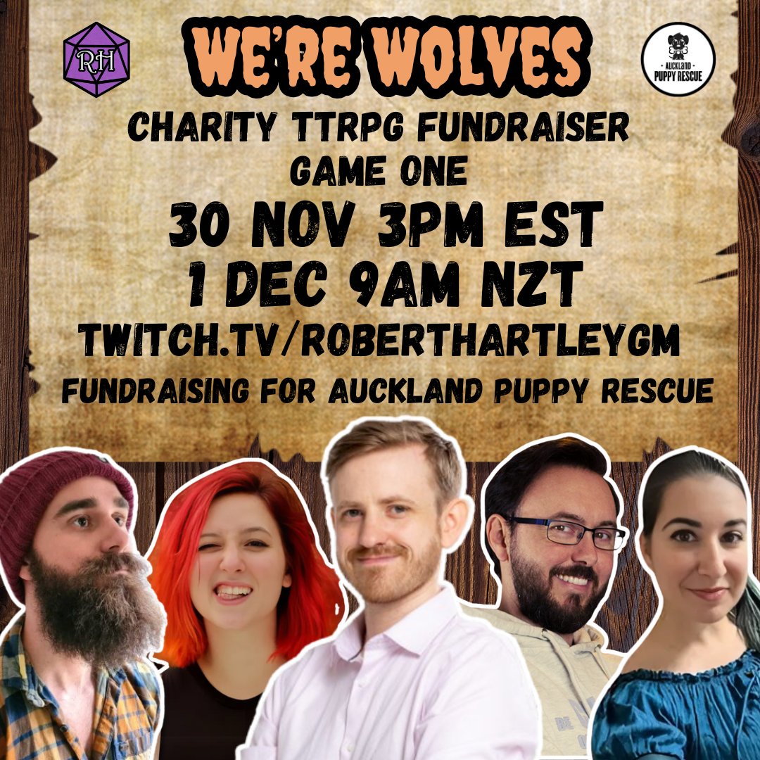One Shot TODAY for a good cause!  Join this wonderful table as they raise funds for The Auckland Puppy Rescue! 

Feat our very own DM Dave <a href="/DMDaveCC/">DM_Dave_CC</a>, Will from <a href="/DnD_Shorts/">DnD_Shorts</a>, Mandarii <a href="/mendarii/">Faye Morel</a> , Sarah Moore <a href="/PixiesAndPins/">PixieDust&SafetyPins (she/her)</a> &amp; lead by none other than <a href="/RobertHartleyGM/">Robert Hartley</a> 

#fundraiser