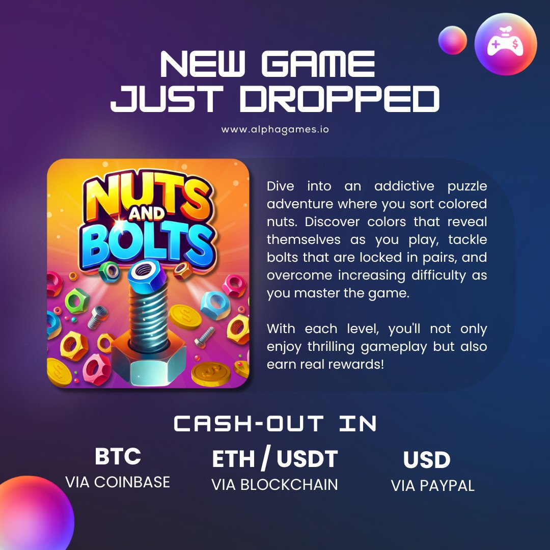 🚀🔥 Nuts Bolts Sort - Earn Money just dropped on Alpha Games! 
Find it on Google Play - play.google.com/store/apps/det…

⭐ Dive into an addictive puzzle adventure where you sort colored nuts. Discover colors that reveal themselves as you play, tackle bolts that are locked in pairs, and