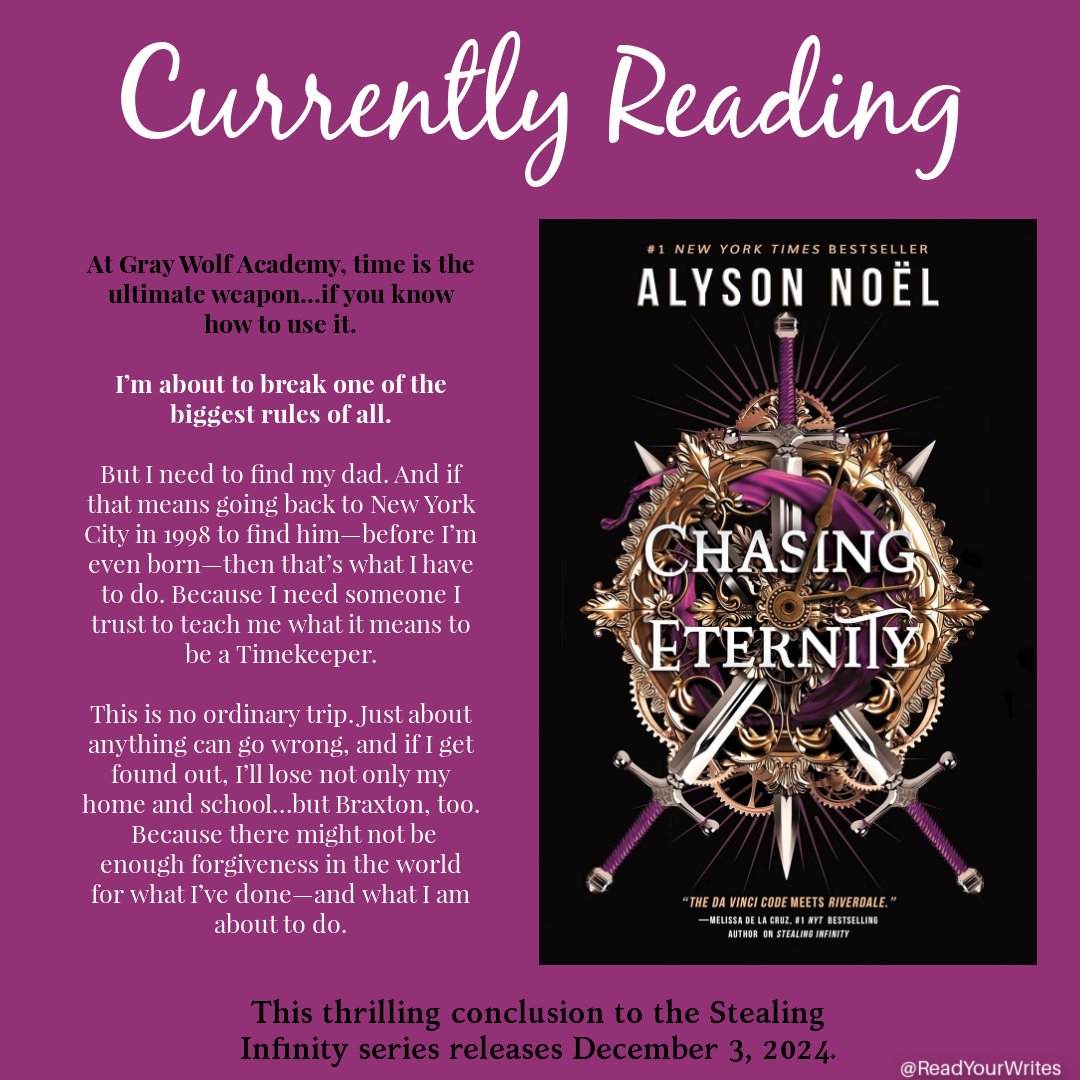“He who controls time, controls the world.”

In <a href="/alyson_noel/">Alyson Noel Evans</a>'s CHASING ETERNITY, releasing December 3rd, Natasha is about to face the BIGGEST challenge of her life. How does she stop a madman man on a mission only he truly knows of?
amzn.to/49fzJGc

#ComingSoon #amreading