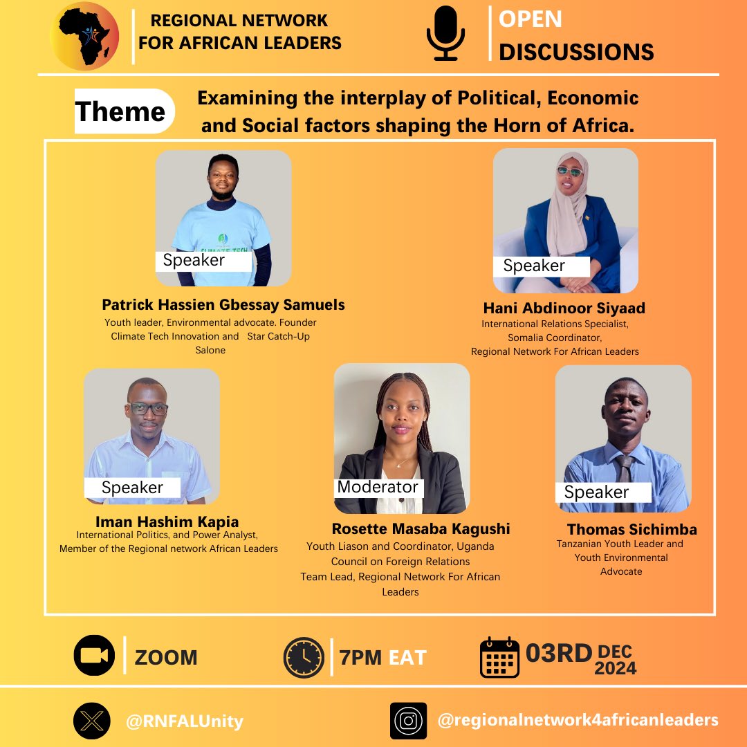 RNFALUnity's tweet photo. Join an enlightening discussion.#Examining the interplay of the Political, Economic, and Social factors shaping the Horn of Africa.
📅Date: 3rd December 2024
⏲️Time: 7p.m EAT
Register to attend 🔗
https://t.co/EiEbaTT71v
RegionalDynamics
#HornofAfrica https://t.co/pAkHDxmBQT