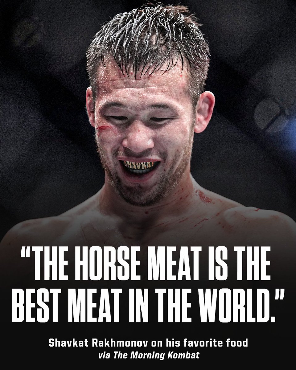 espnmma's tweet photo. Shavkat Rakhmonov says that his favorite animal is a horse and his favorite food is horse meat 😳 #UFC310 https://t.co/eK3yEutWI8