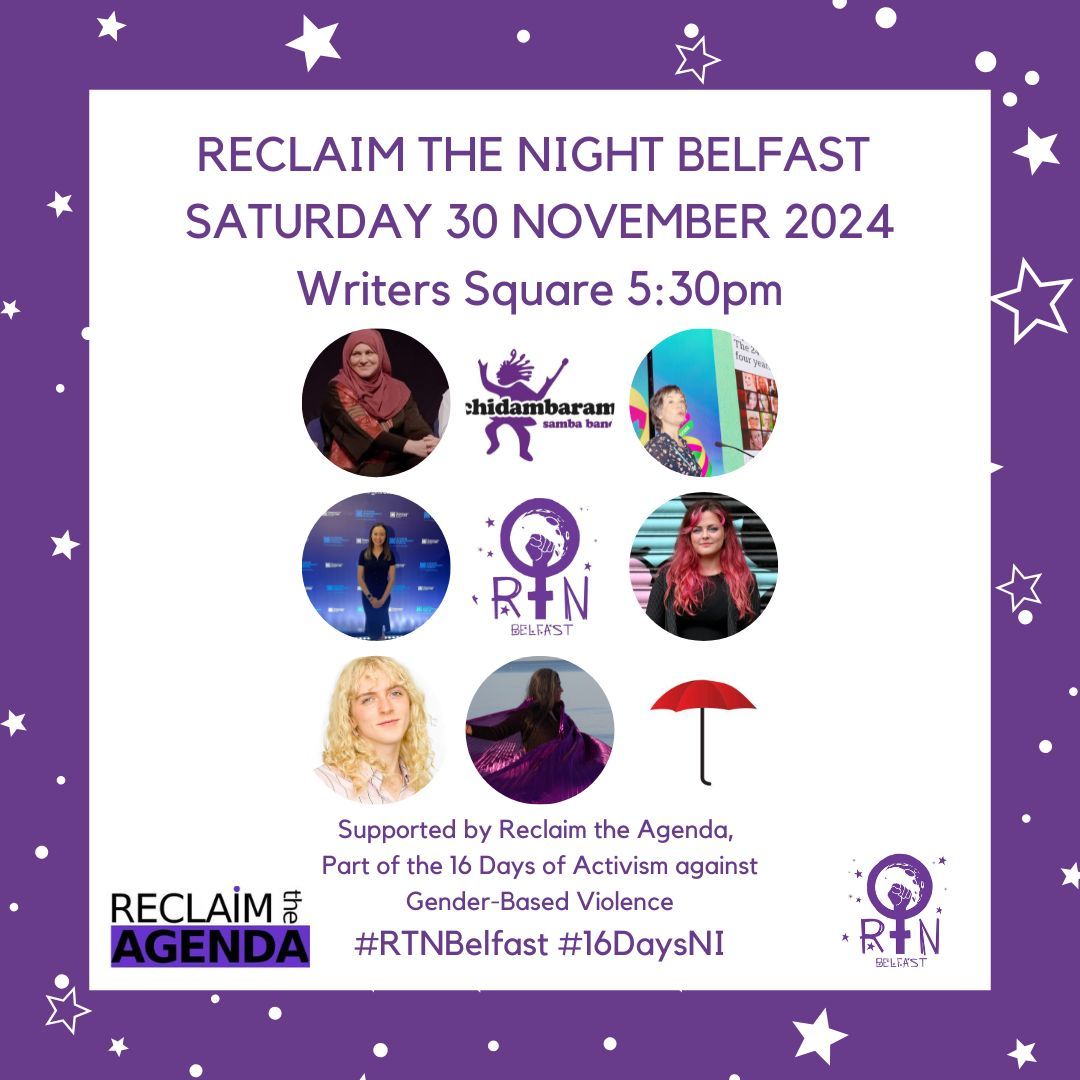 What a line up of speakers we have tonight, plus a performance from Juanita Rea and Chidambaram Samba band joining us on the march. For the list of speakers and information about the route visit our website. See you at 5:30pm! #RTNBelfast #16DaysNI
reclaimtheagenda.com/reclaim-the-ni…