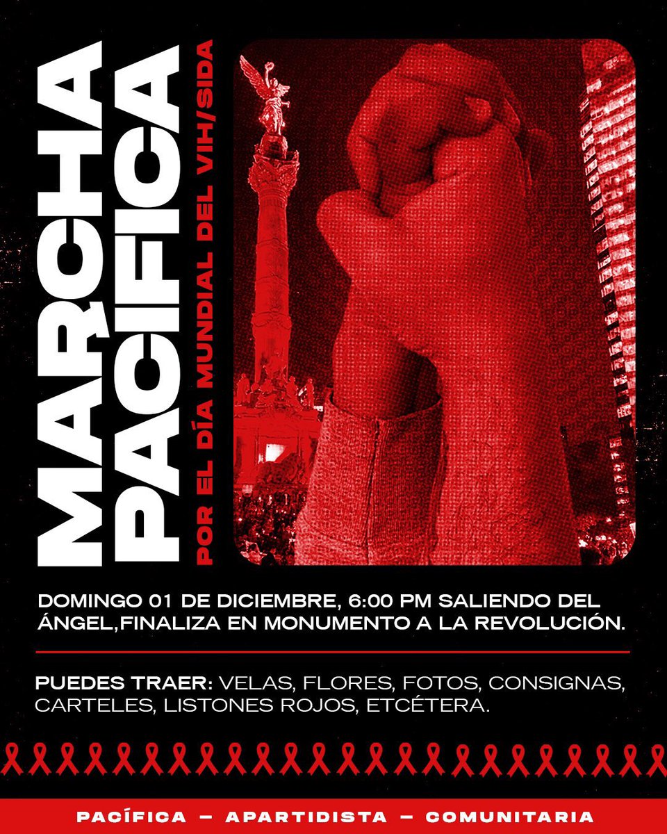 MARCHA PACÍFICA POR EL DÍA MUNDIAL DEL VIH/SIDA 📢 Atención a esta convocatoria comunitaria en CdMx 🕊️❤️‍🔥

🚨 Te invitamos a ser parte de la <a href="/marchavihsida/">Marcha VIH/SIDA CDMX</a>, apartidista y comunitaria que se realizará este 1 de diciembre en el marco del Día Mundial del VIH/SIDA. El punto de