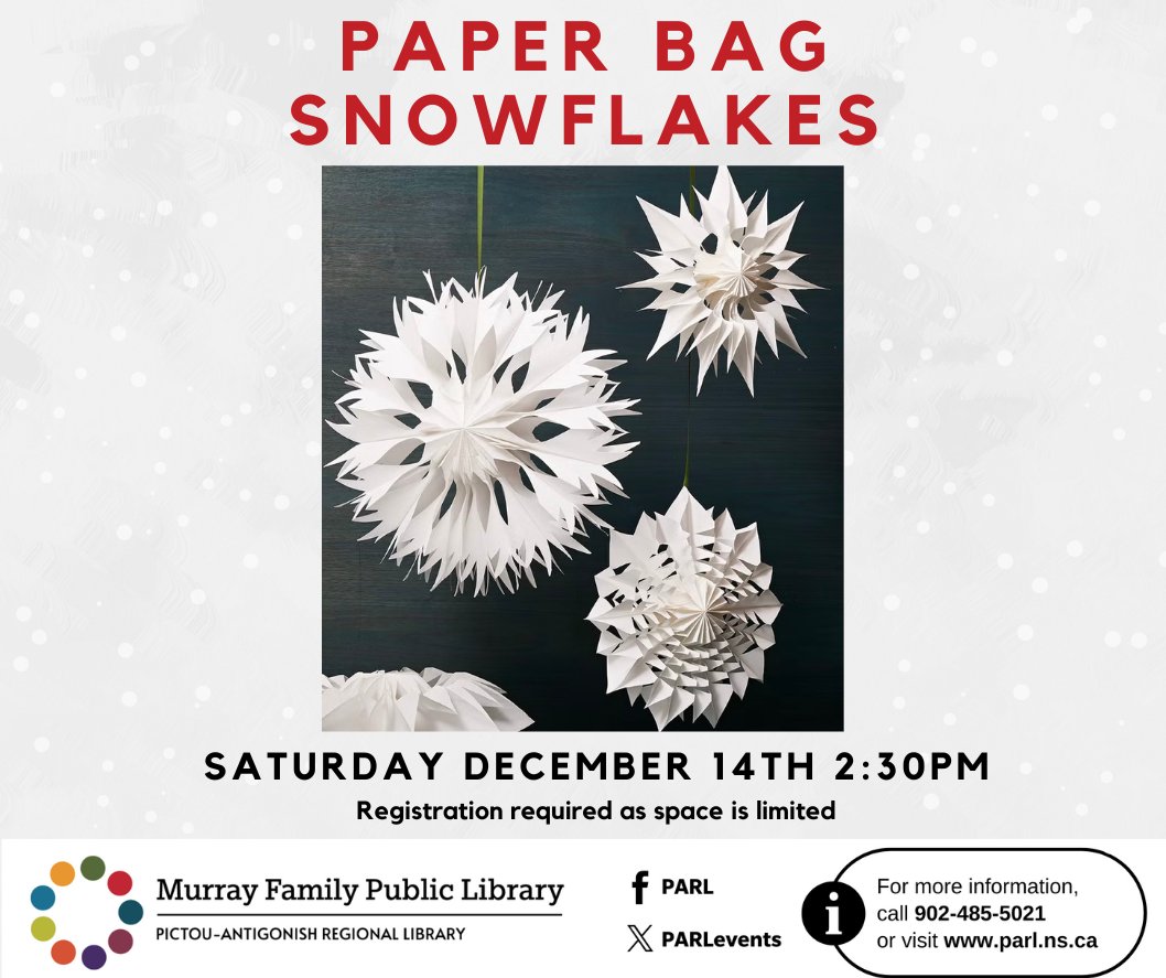 PARLevents's tweet photo. ❄️Let it snow!❄️

Join Jennifer Coveyduc at the #Pictou Library to make your very own paper bag snowflakes on Saturday November 14th at 2:30pm! Participants will create three unique snowflakes to take home.  All materials are provided, and registration is required. https://t.co/IfEzBsAWYf