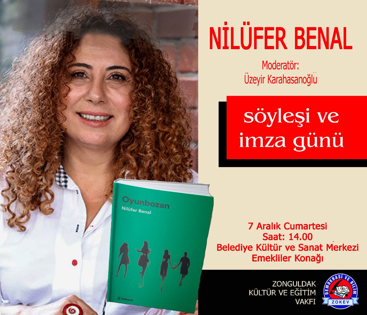 Nilüfer Benal,
Unutulan romanından sonra
ikinci romanı Oyunbozan için
Zonguldak'a geliyor.
.
Söyleşi ve İmza Günü
7 Aralık 2024 Cumartesi, saat 14'de
Belediye Kültür ve Sanat Merkezinde
.
.
<a href="/benalnilufer/">nilüfer benal</a>
<a href="/altiyedidergi/">altıyedi dergi</a> 
#roman #yazar #unutulan 
#oyunbozan #kitap #okur
#zonguldak