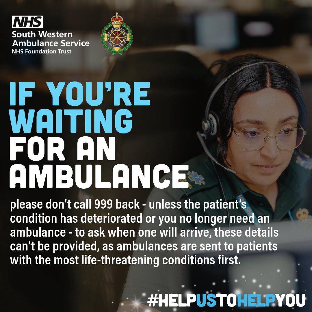 If you’re waiting for an ambulance, please do not ring back to ask for an estimated arrival time. 📞🚨  

Only call back if the patient’s condition deteriorates or you no longer need our help. 🚑  

#HelpUsToHelpYou