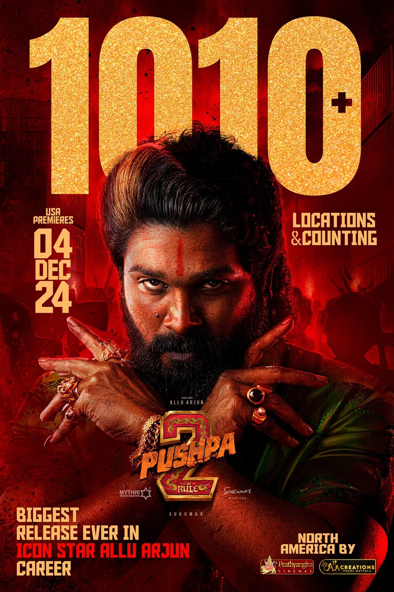 Pushpa has taken North America by storm igniting a WILDFIRE of epic proportions 🙏🏻🔥

CAREER BIGGEST RELEASE for our dearest <a href="/alluarjun/">Allu Arjun</a> garu ❤️

And We’re not done yet!! 😉
#Pushpa2TheRule #Pushpa #Pushpa2

<a href="/iamRashmika/">Rashmika Mandanna</a> #Sukumar <a href="/ThisIsDSP/">DEVI SRI PRASAD</a> <a href="/MythriOfficial/">Mythri Movie Makers</a>
