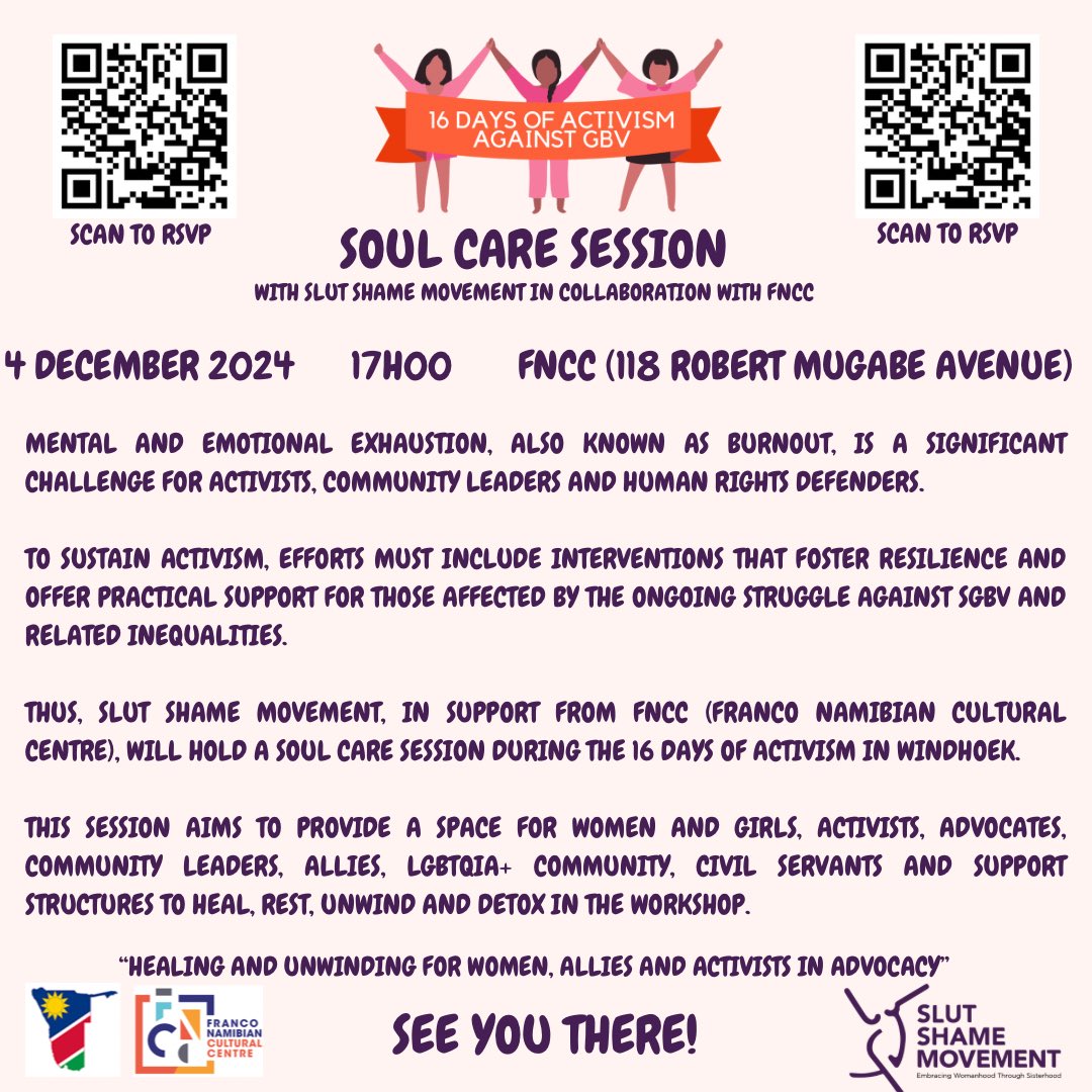 You are all invited to join us for a Soul Care Session at FNCC on Wednesday, 4 December at 17h00. 
We have great sessions, artists and networking lined up! Let's come together to rest and unwind as the year comes to an end. 

Please scan to RSVP or link in bio.