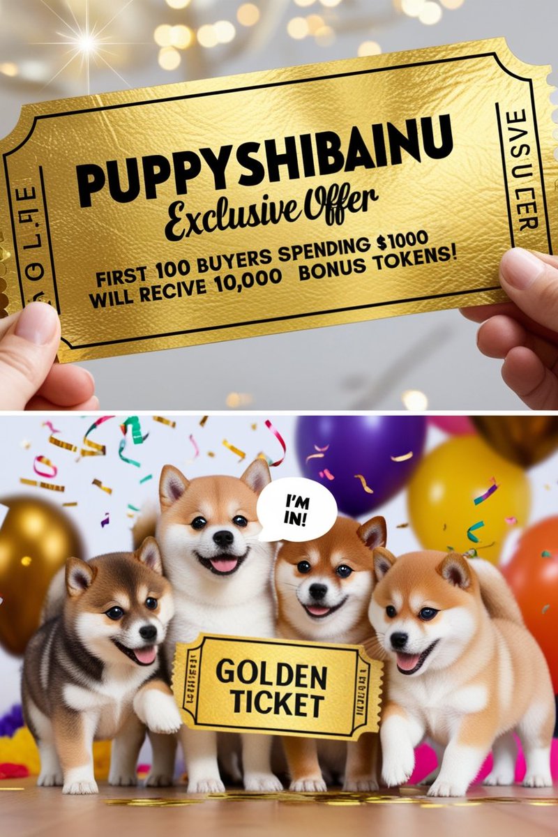 PuppyShiba38085's tweet photo. The Golden Ticket to PuppyShibaInu is here! π
First 100 buyers spending $1,000 get 10,000 bonus tokens! πΎ Donβt miss your chance to claim this exclusive reward.
#PuppyShibaInu #CryptoCommunity #TokenBonus #ShibaArmy https://t.co/aqoOwj65WD