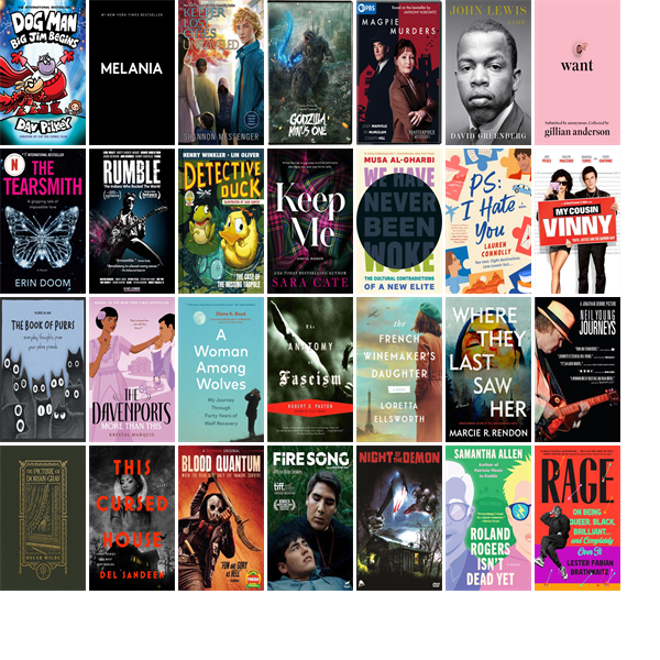 EWMLibrary's tweet photo. This week the Easthampton Public Library has 45 new books and nine new movies.  New items include Dog Man 13, Melania, Keeper of the Lost Cities 9.5, Godzilla Minus One, Moonflower Murders, Magpie Murders, John Lewis, Want, The Tearsmith, and Rumble. https://t.co/toaGwDpHLA https://t.co/8Wwm8Q9Iqd