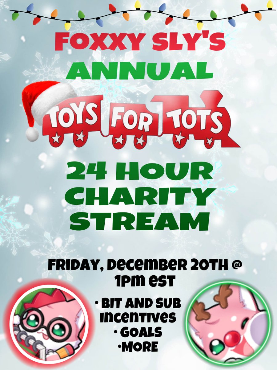 Annual Toys 4 Tots Charity Stream coming this Decemeber! We've raised over 10k for them so far since I've been doing this! <a href="/BeeWiitchedd/">𝔅𝔢𝔢𝔚𝔦𝔦𝔱𝔠𝔥𝔢𝔡𝔡</a> Made the banner! Xo