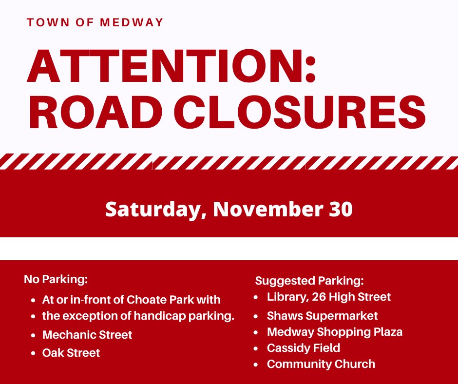 Road closures will go into effect around 5:15 p.m. today, 11/30, for the Annual Christmas parade. Road closures: Main St/Milford St, Main St/Winthrop St &amp; Main St/Cottage St &amp; delays in and around the area of Village St. bit.ly/3CMhsEc