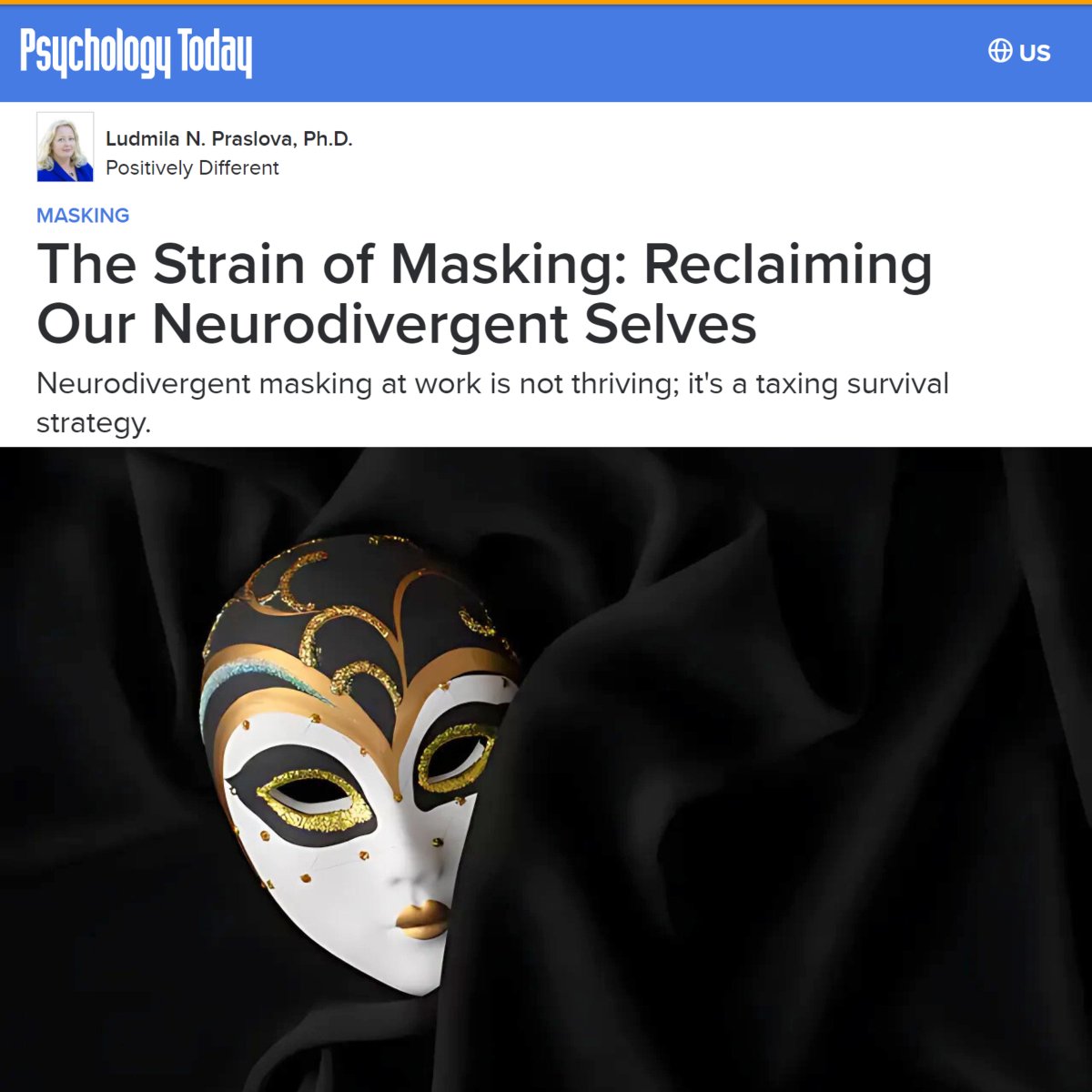 #Neurodivergent #masking is a high-cost survival strategy. The world - and especially work -pushes us to be fake for their sake. But it is hard to breathe under the mask. #psychology psychologytoday.com/us/blog/positi…