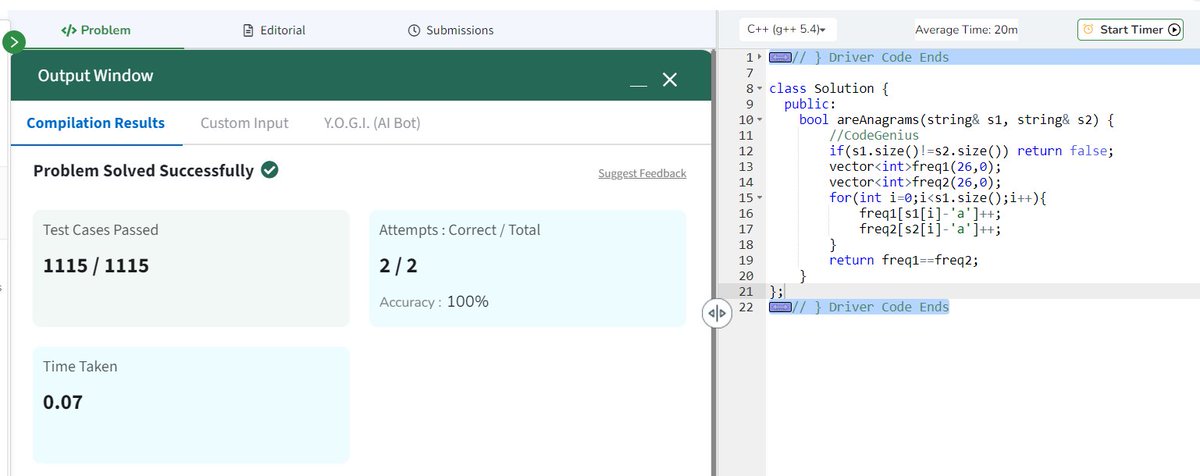 devoted_techie's tweet image. 🚀 Day 15/80 of #GeekStreak2024! 🎯
💡 Problem: Anagram Checker 🔤✨
✅ Time Complexity: O(n) | Space Complexity: O(1)
🖥️ Checking if two strings are anagrams has never been more fun! 🧩
#GFG161 #CodingChallenge #GeeksForGeeks #Anagrams #ProblemSolving