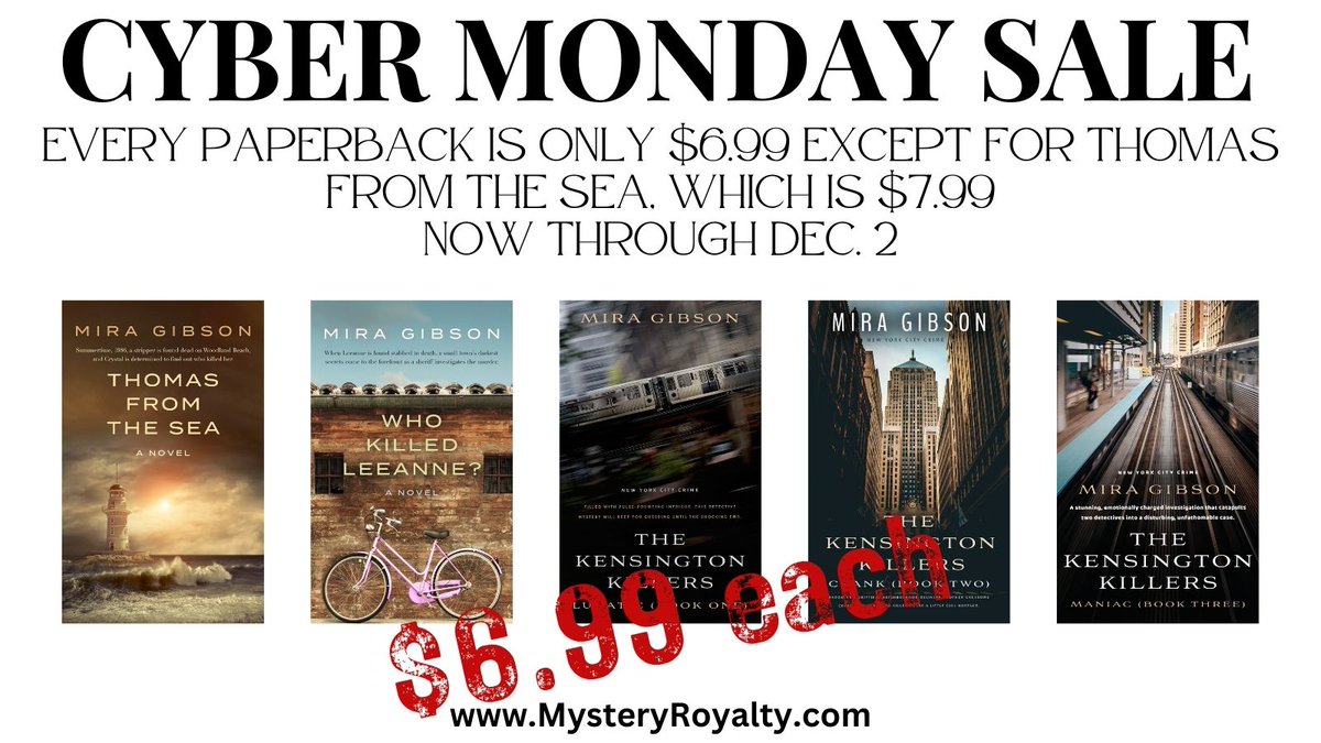 MiraGibson's tweet photo. My #paperbacks are $6.99 now thru Dec 2! Links below!

Leeanne https://t.co/LkzzYLsZX9

Thomas
https://t.co/K1HQPmCXlG

Lunatic
https://t.co/SNKNeOGiB2

Crank
https://t.co/ieiN9p5xNC

Maniac
https://t.co/JdUUnTwQ80

#CyberMonday #discountpaperbacks #indieauthors #mysterynovels https://t.co/S0RcQUVOaP