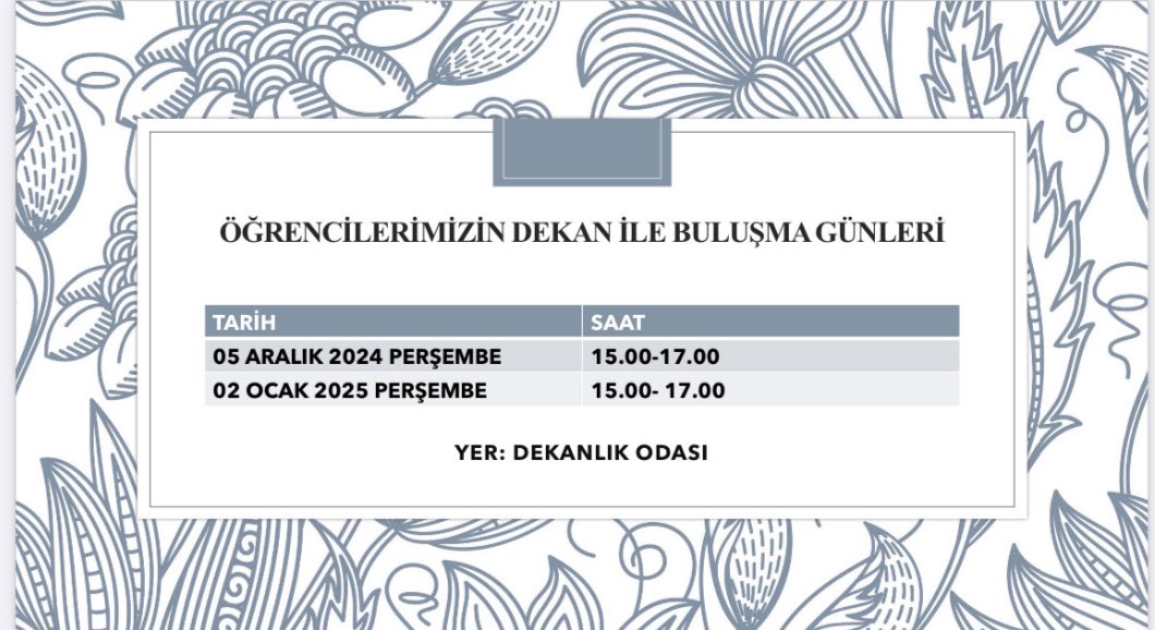 Sevgili Öğrencilerimiz, Dekanımızla Buluşma Günleri Başlıyor! 🗓️✨ <a href="/MutluTurkmen/">Mutlu Türkmen</a> <a href="/Bayburtedu/">Bayburt Üniversitesi (BAYÜ)</a> <a href="/gulsumerd/">Ümmügülsüm Erdogan</a>