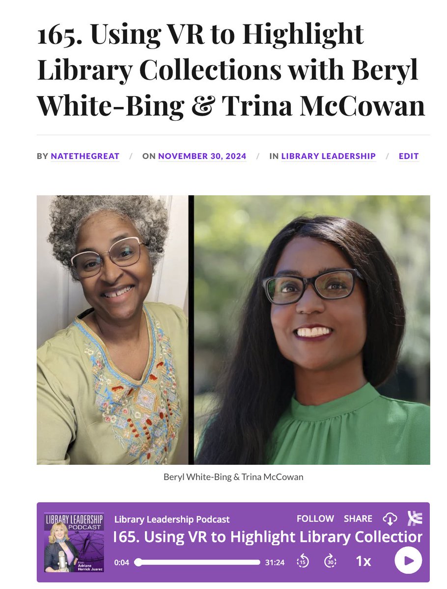 LibraryPodcast's tweet image. Using VR to Highlight Library Collections with Beryl White-Bing &amp;amp; Trina McCowan libraryleadershippodcast.com/165-using-vr-t…